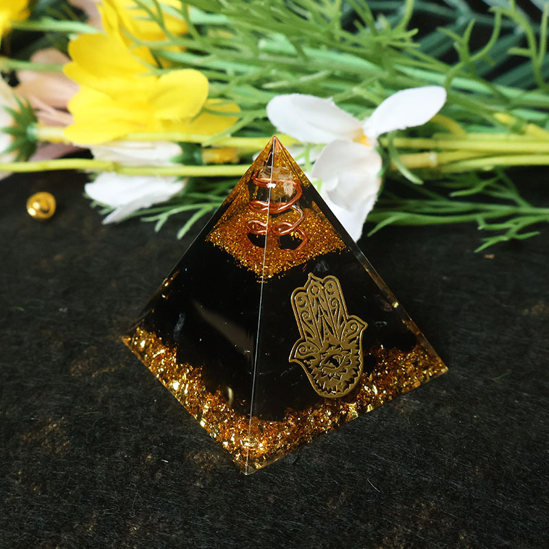 Home Office Gifts - Hamsa Hand Resin Crystal Pyramid Black
