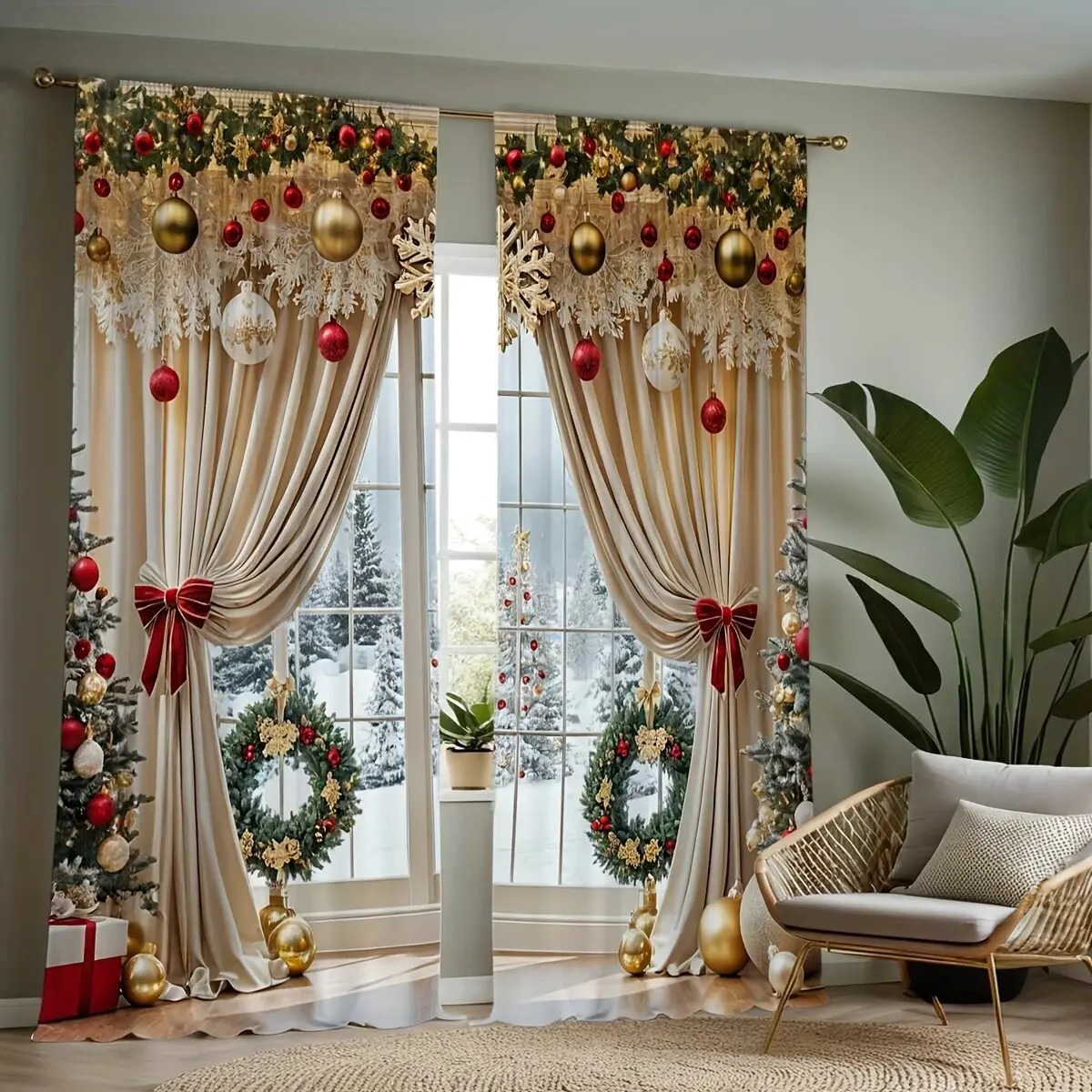 Home Office With View - 2PCS Christmas Curtains Xmas Ball Ornaments