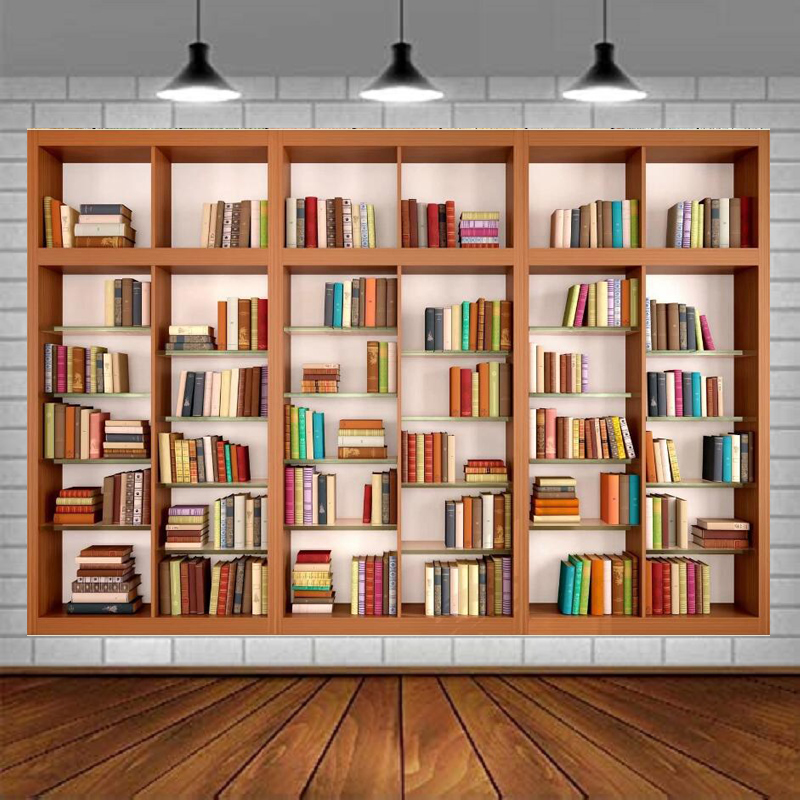 Home Office Background For Zoom - Modern Wooden Bookshelf Photography Backdrop For