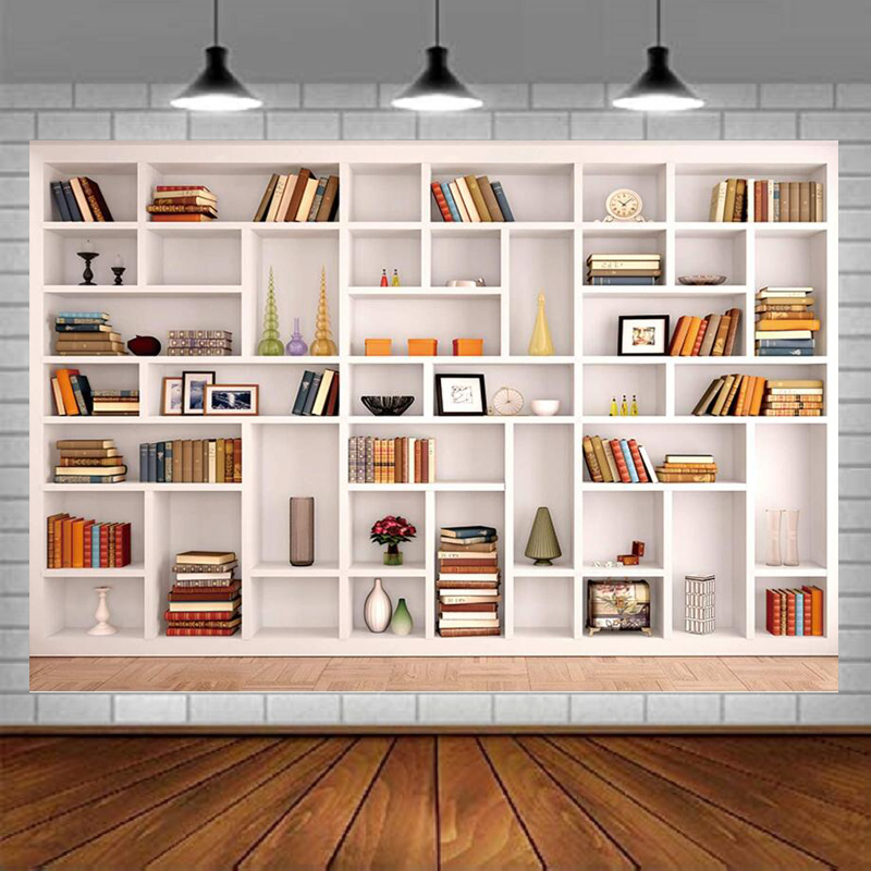 Home Office Background For Zoom - White Bookshelf Photography Backdrop Bookcase Office