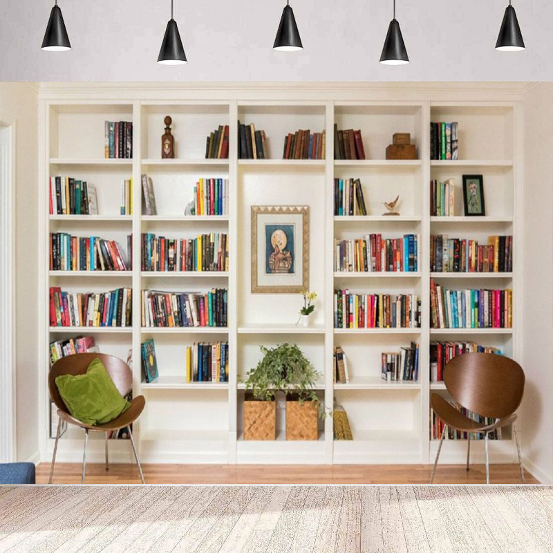 Home Office Background For Zoom - White Bookshelf Photography Backdrop Bookcase Banner