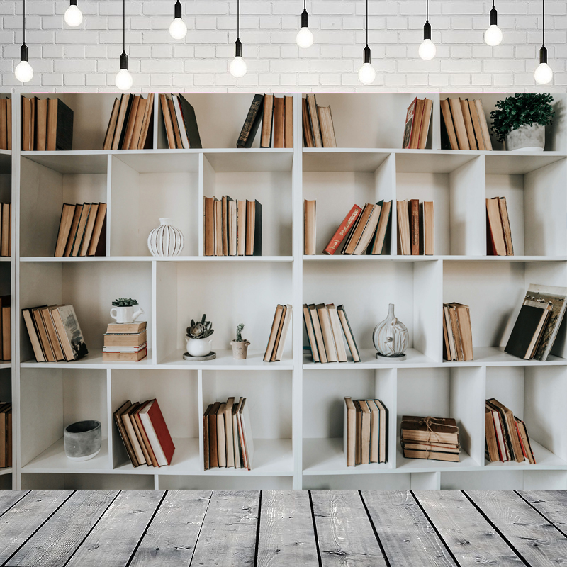 Home Office Background For Zoom - White Bookshelf Photography Backdrop Library Modern