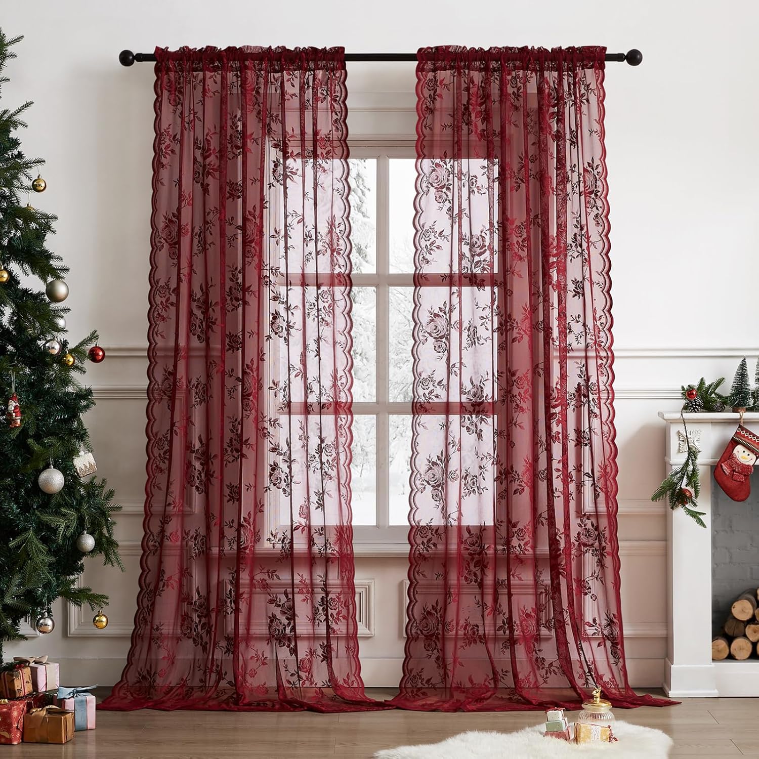 Home Office Gadgets - 1 pc Burgundy Lace Curtains 45
