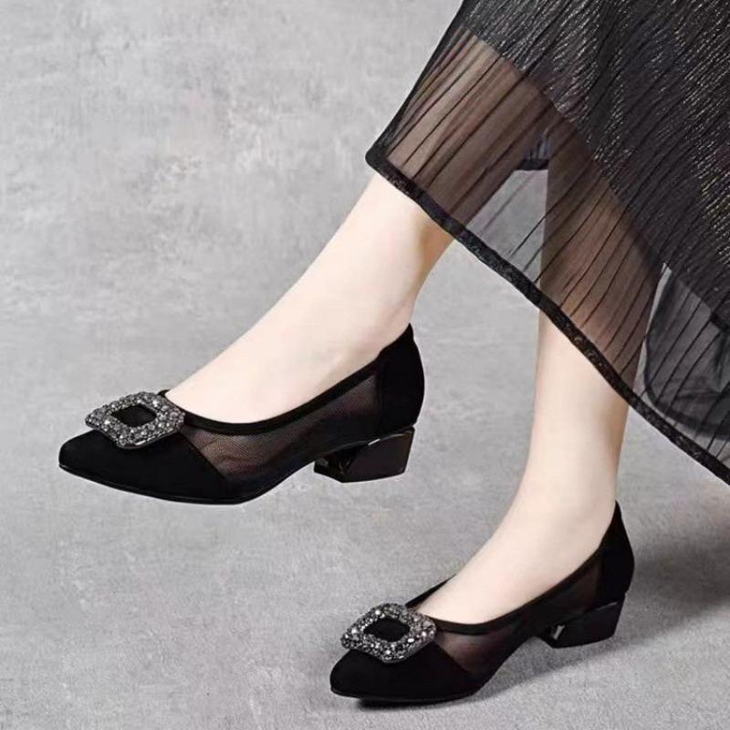 Home Office Size - Elegant Pointed Toe Mesh Block Heel